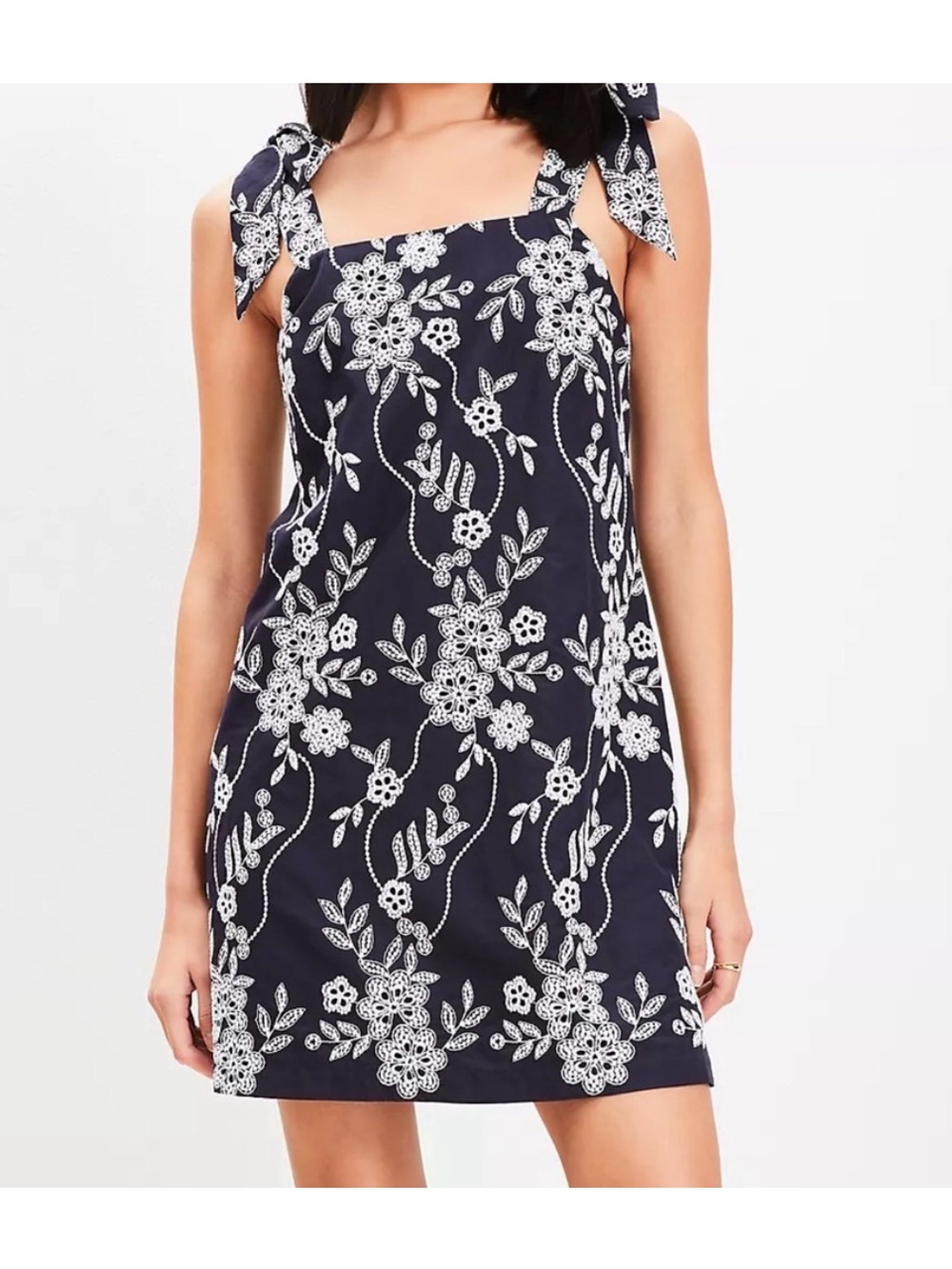 Loft Dress - navy/white embroidered floral tie strap mini length NWT
